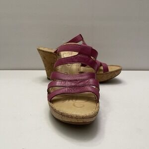 BORN Lisi Raspberry‎ Pink Leather Cork Strappy Slip On Wedge Sandals Size 8